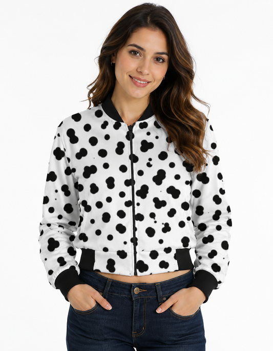 Black & White Leopard Print Bomber Jacket for Women - Western Wear - front view | Qikink