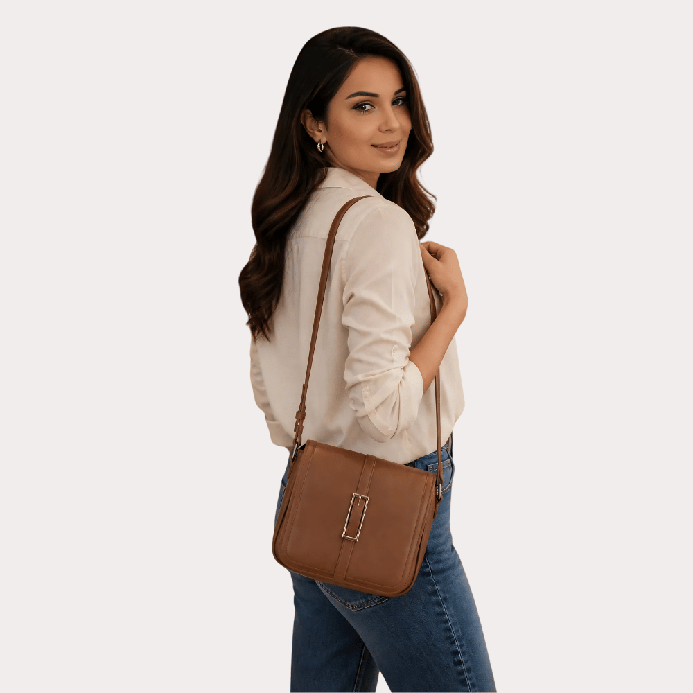 Women's Caramel Brown Designer Sling Bag, Sophisticated Caramel Crossbody Purse - Apparel - close-up detail view | Snazzyway