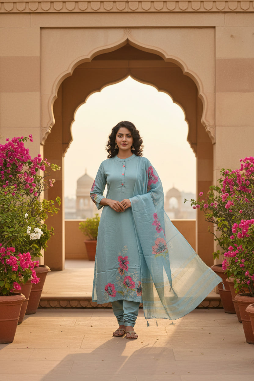 Sky Blue Heavy Maslin Silk Kurti Pant Dupatta Set – Tia Work with Heavy Digital Dupatta - Kurti Set - front view | Nardev Fashions