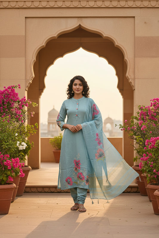 Sky Blue Heavy Maslin Silk Kurti Pant Dupatta Set – Tia Work with Heavy Digital Dupatta - Kurti Set - front view | Nardev Fashions