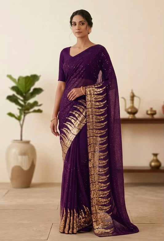 Purple Bollywood Blockbuster Dual Sequins Georgette Saree - front view | Nardev Fashions