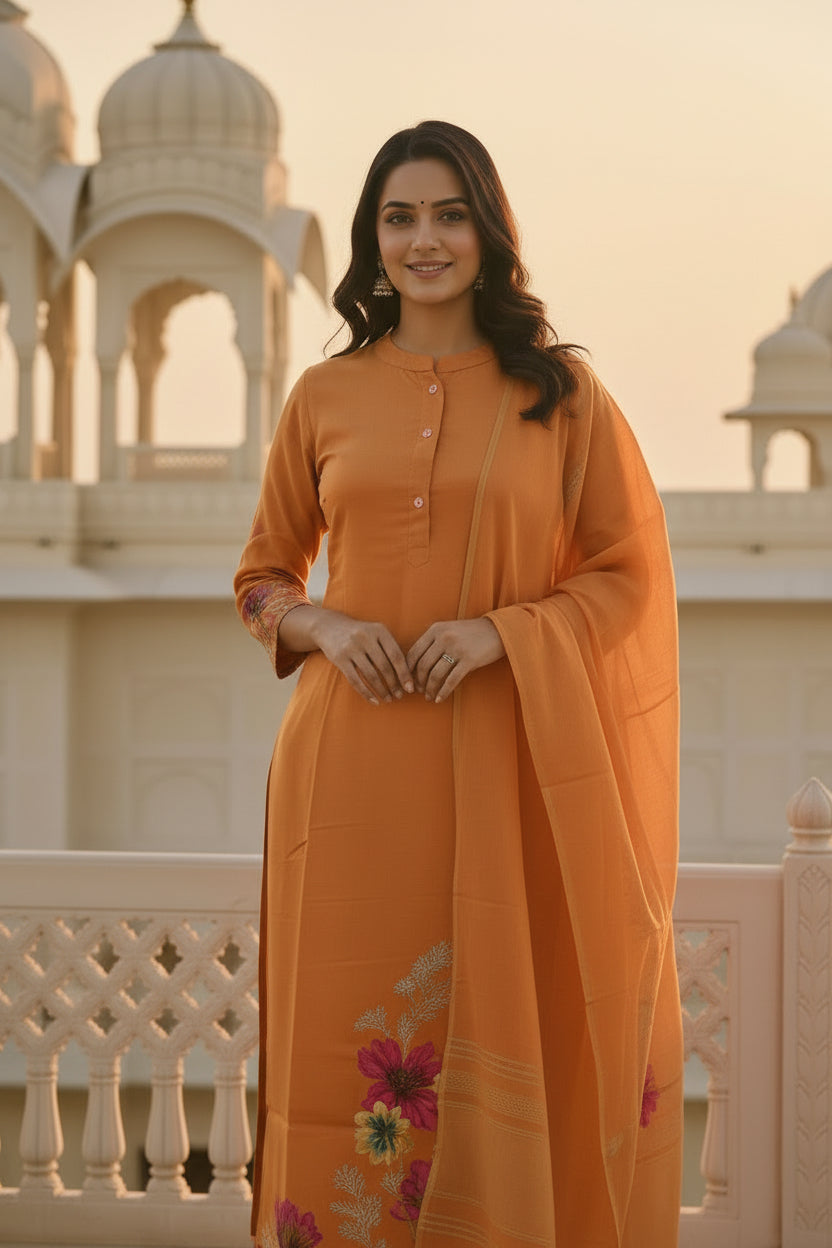 Orange Heavy Maslin Silk Kurti Pant Dupatta Set – Tia Work with Heavy Digital Dupatta - Kurti Set - front view | Nardev Fashions