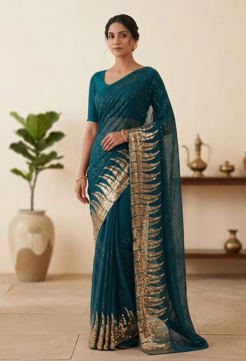 Teal Bollywood Blockbuster Dual Sequins Georgette Saree - front view | Nardev Fashions
