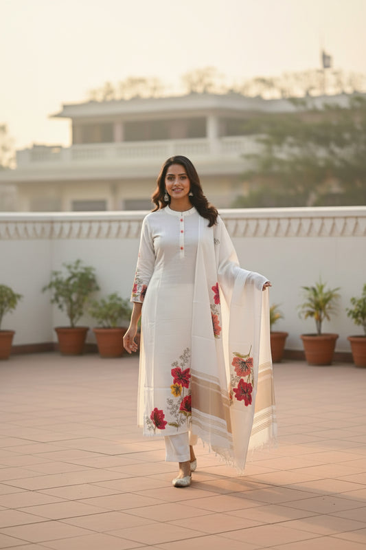 Off-White Heavy Maslin Silk Kurti Pant Dupatta Set – Tia Work with Heavy Digital Dupatta - Kurti Set - front view | Nardev Fashions