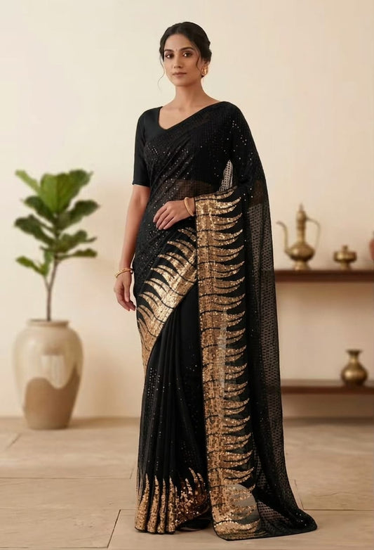 Black Bollywood Blockbuster Dual Sequins Georgette Saree - front view | Nardev Fashions