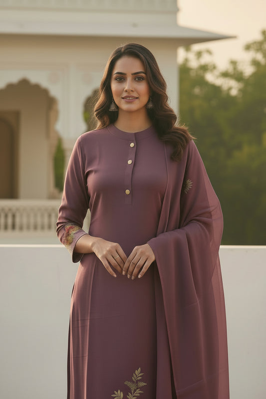 Purple Heavy Maslin Silk Kurti Pant Dupatta Set – Tia Work with Heavy Digital Dupatta - Kurti Set - front view | Nardev Fashions