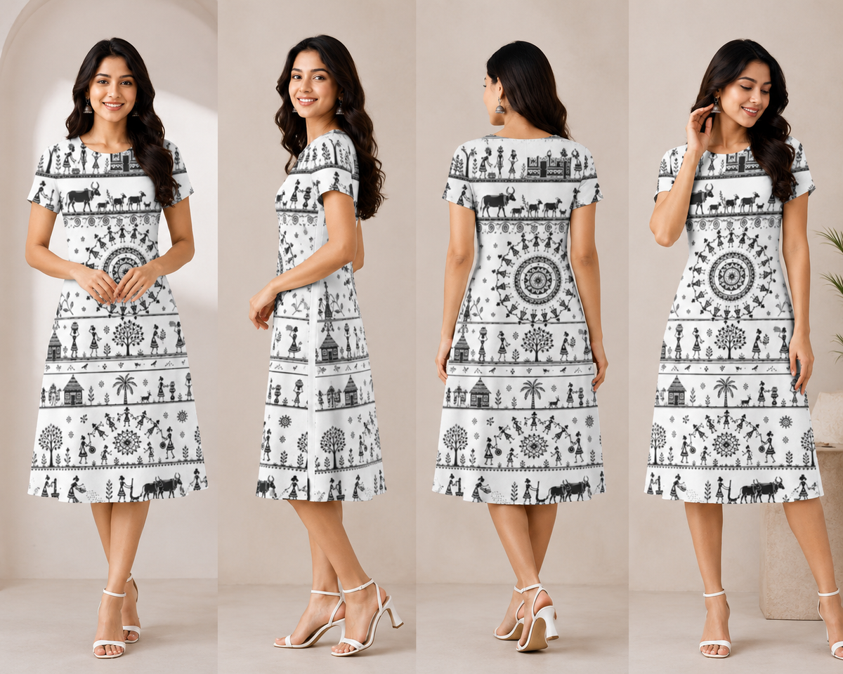 Black and White Warli Art Ethnic Fusion Dress for Women Tribal Print Frock Stretchable, Breathable & Wrinkle-Free - Western Wear - close-up detail view...