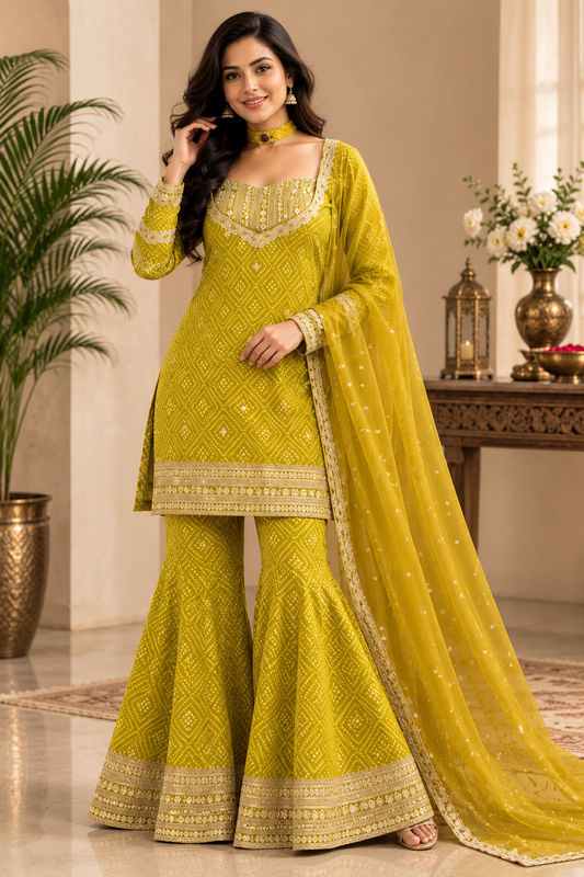 Mehndi Green Designer Chinon Silk Top Palazzo Dupatta Set – Digital Print & Sequence Embroidery (Fully Stitched) - Kurti Set - front view | Nardev Fashions