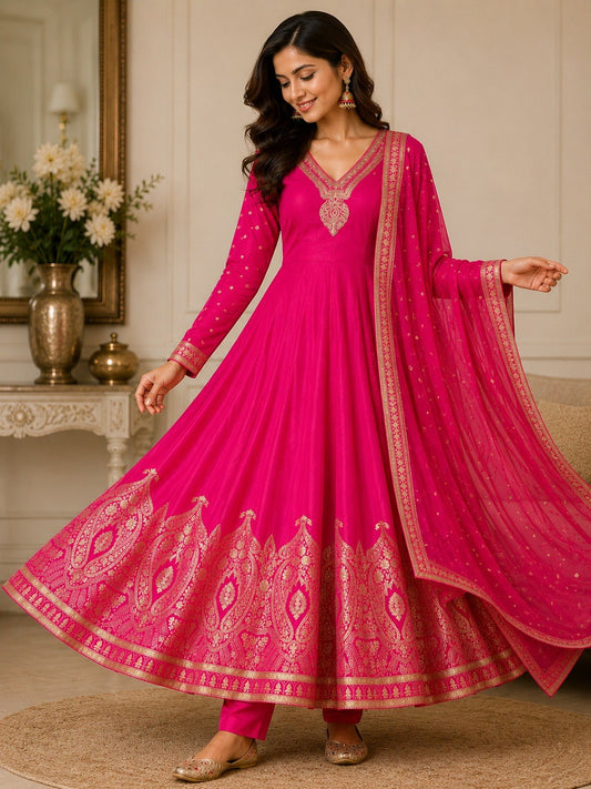 Hot Pink Chanderi Anarkali Set - luxury living room full length standing model view showing complete floor-length Anarkali with heavy hand-embroidered V-neckline teardrop pendant, wide grand Banarasi zari woven paisley floral hem border, full sleeves with gold zari cuff, straight pant and matching chanderi dupatta with Banarasi zari border and scattered gold butti