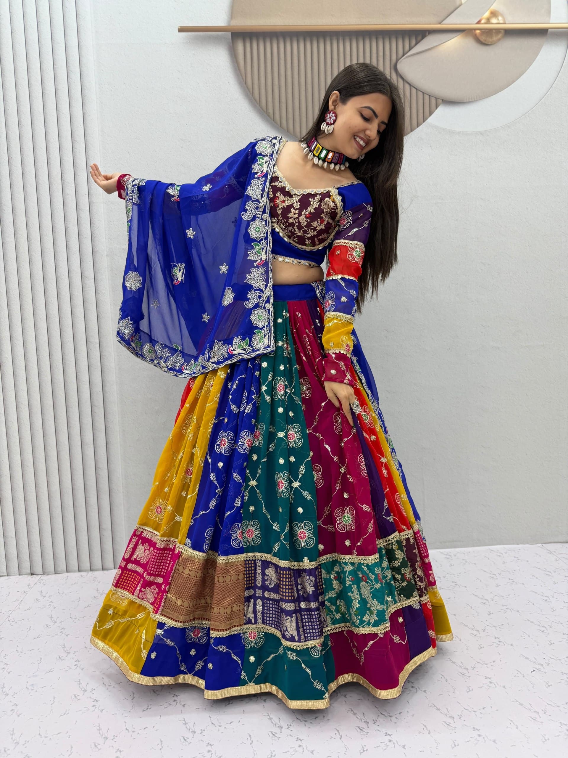 Multicolour Patchwork Embroidered Lehenga Choli Set - Western Wear - front view | Nardev Fashions