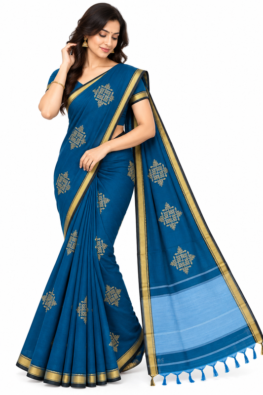 Peacock blue Samruddhi Kolam handloom saree with gold zari border, front view