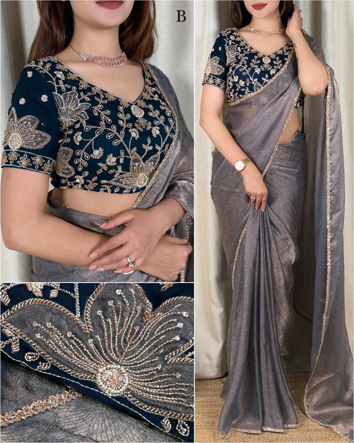Slate grey Fandy satin jacquard saree with beads lace border, styled with a navy blue floral beaded applique blouse with V neckline and short sleeves.