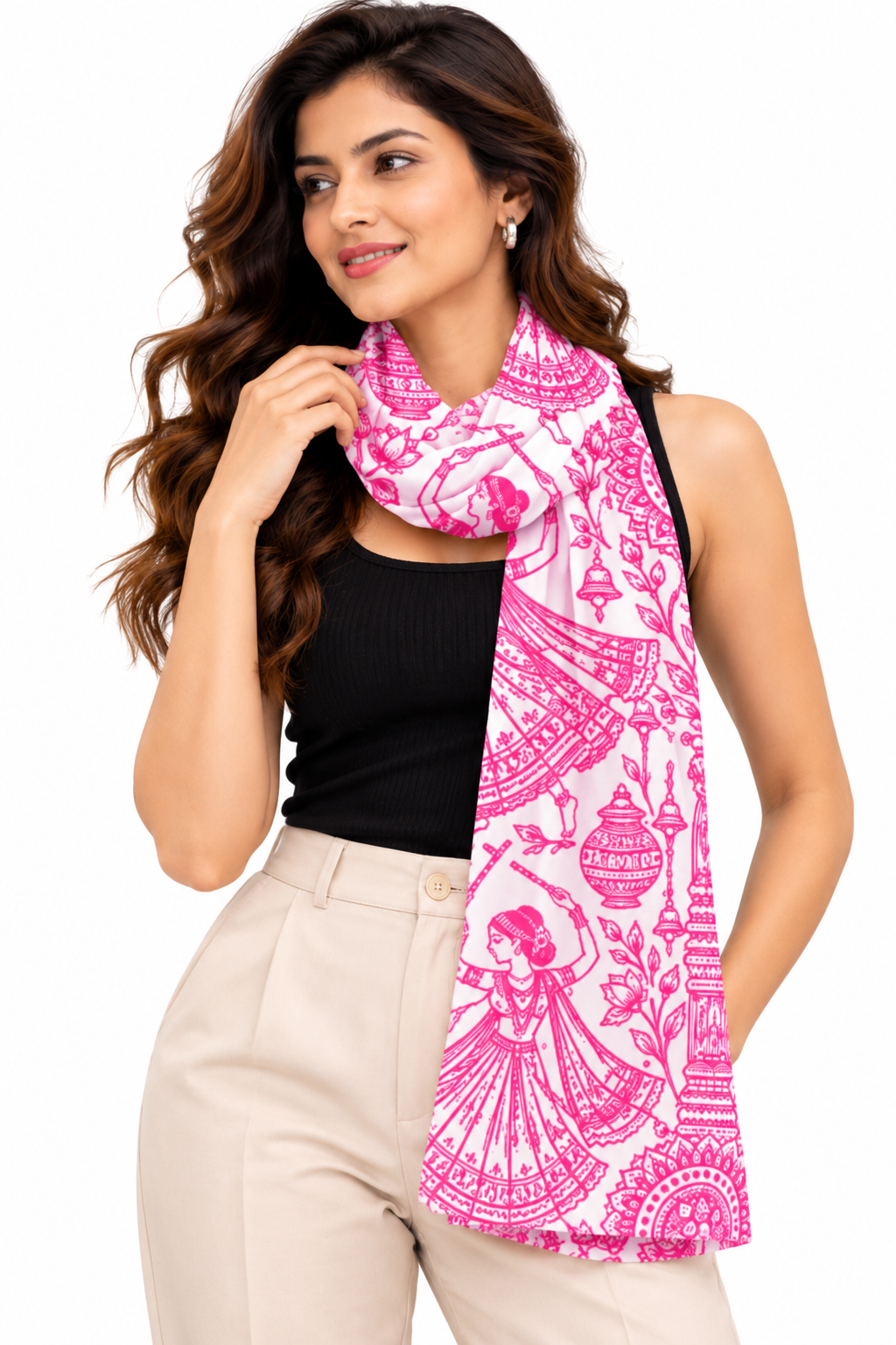 Soft Stylish Dandiya Art Mural Printed Stole for Women – White and Pink Indian Folk Art Scarf
