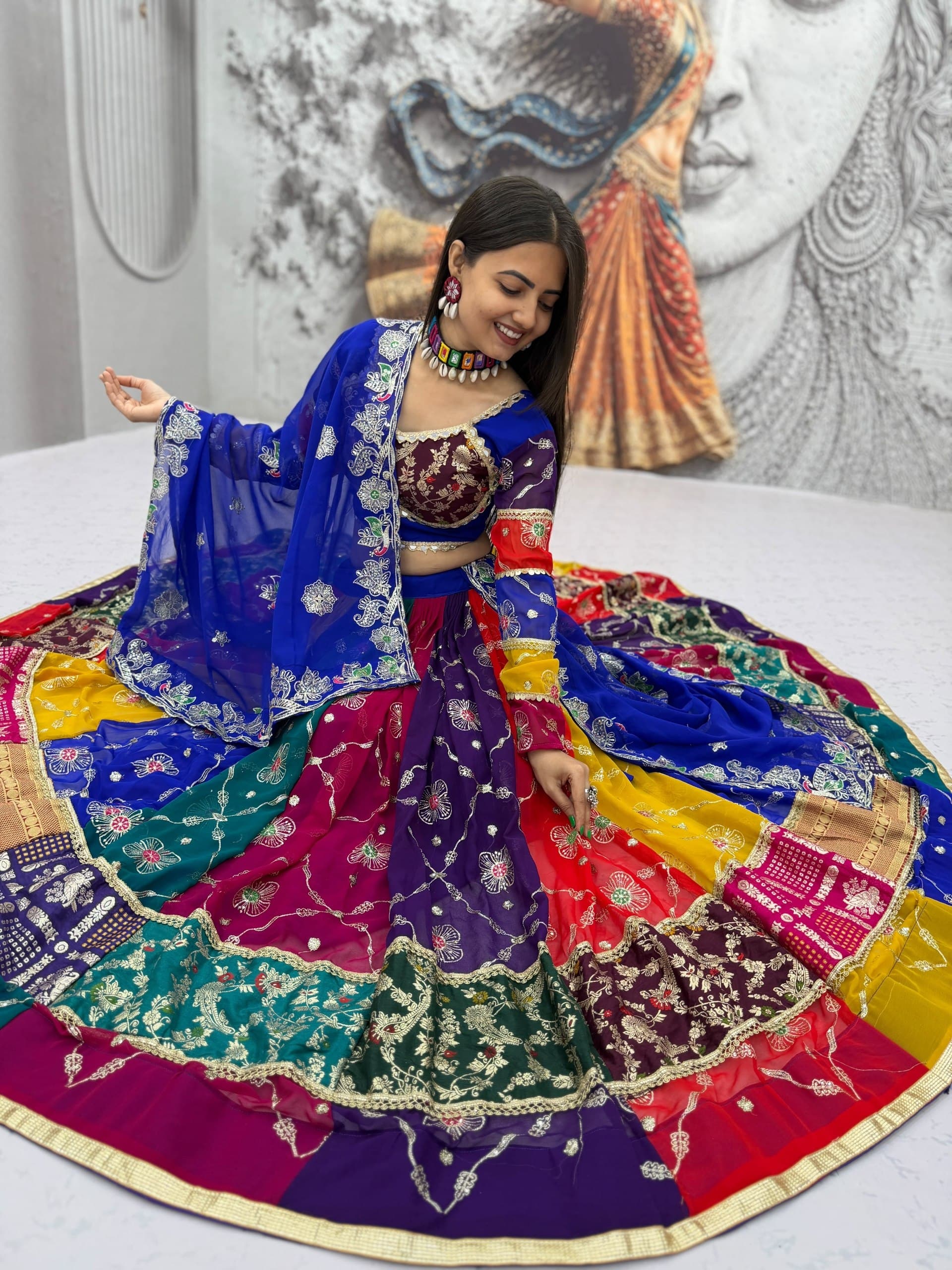 Multicolour Patchwork Embroidered Lehenga Choli Set - Western Wear - close-up detail view | Nardev Fashions
