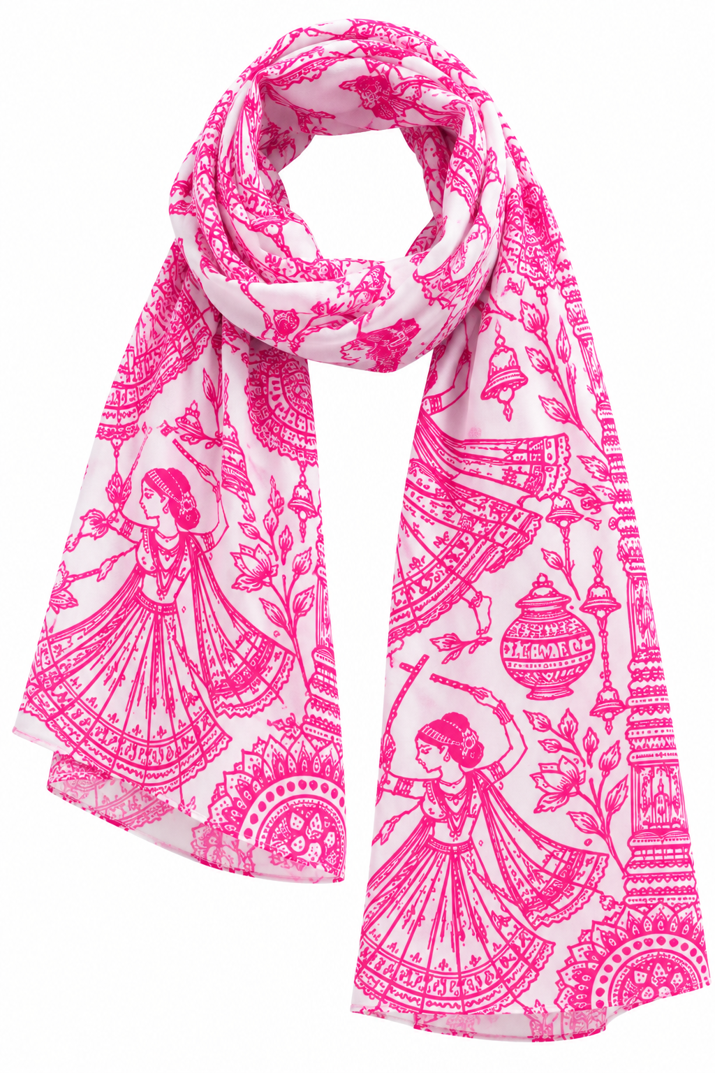Soft Stylish Dandiya Art Mural Printed Stole for Women – White and Pink Indian Folk Art Scarf