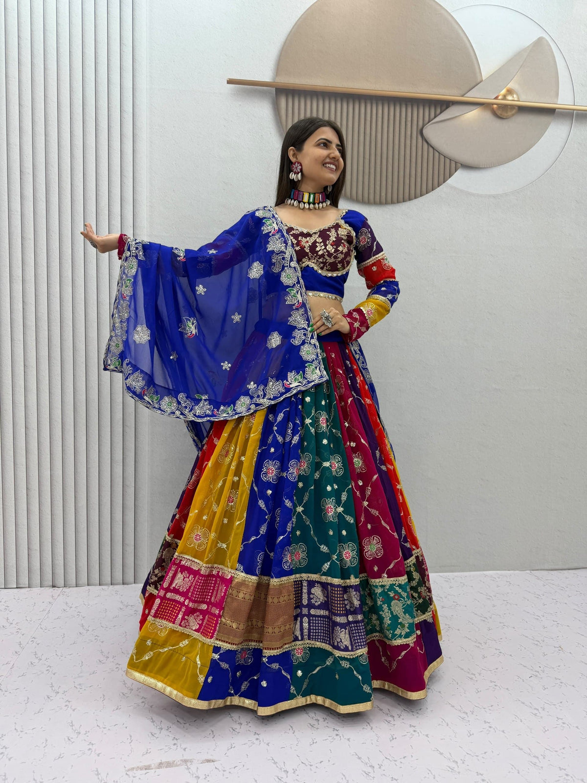 Multicolour Patchwork Embroidered Lehenga Choli Set - Western Wear - back view | Nardev Fashions