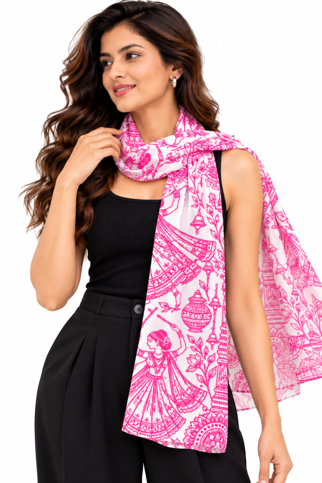 Soft Stylish Dandiya Art Mural Printed Stole for Women – White and Pink Indian Folk Art Scarf
