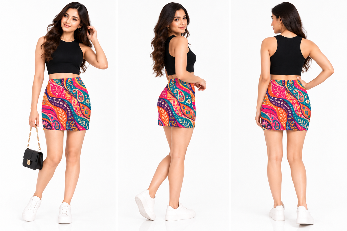Women's Multicolour Indian Folk-Art-Inspired Paisley Print Stretchable Mini Skirt