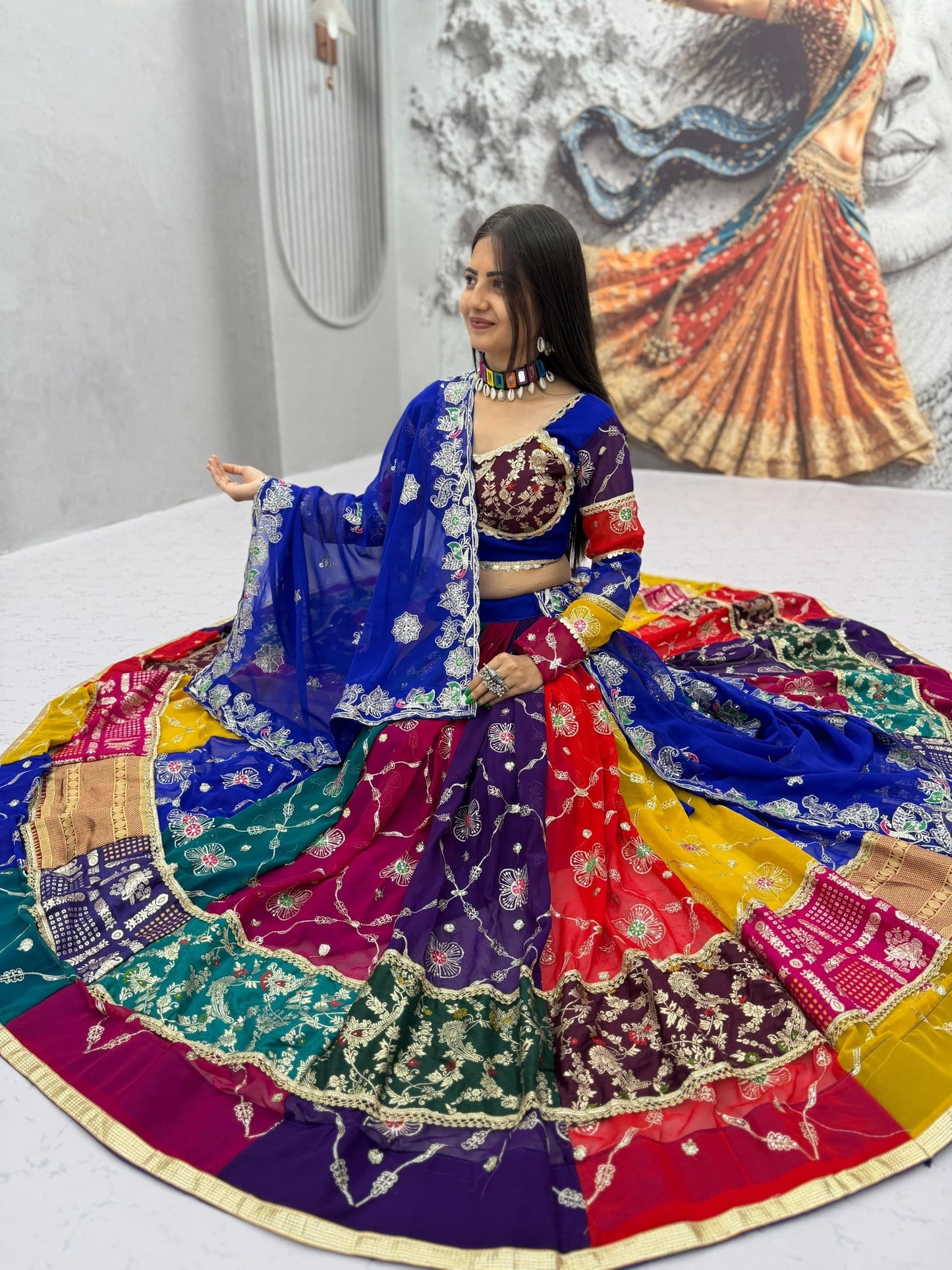 Multicolour Patchwork Embroidered Lehenga Choli Set - Western Wear - styled full look | Nardev Fashions