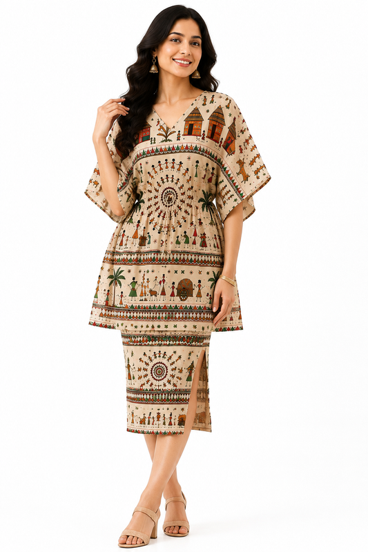 Warli Art Kaftan Dress & Pencil Skirt 2-Piece Set - Western Wear - front view | Qikink