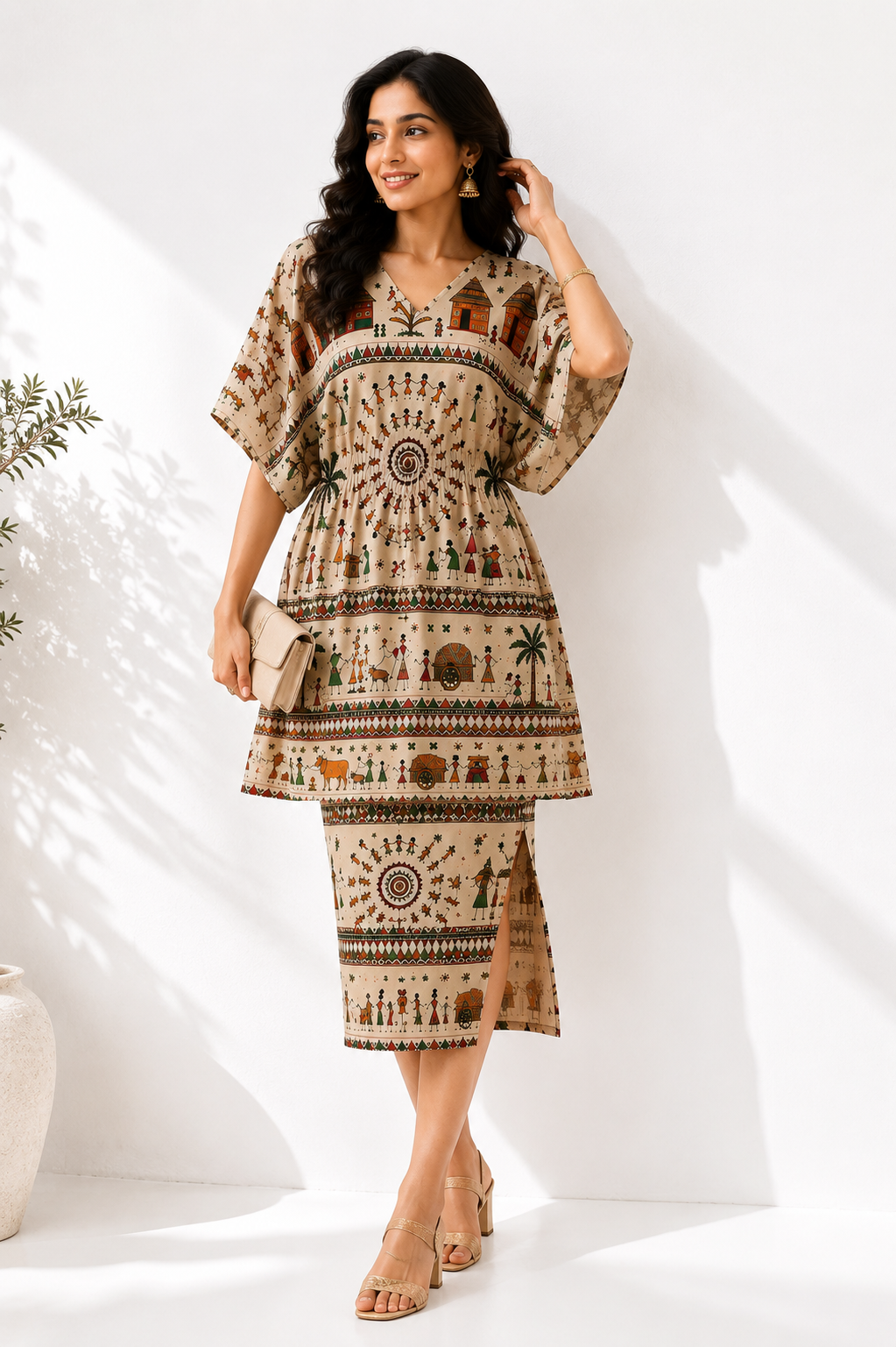 Warli Art Kaftan Dress & Pencil Skirt 2-Piece Set - Western Wear - back view | Qikink