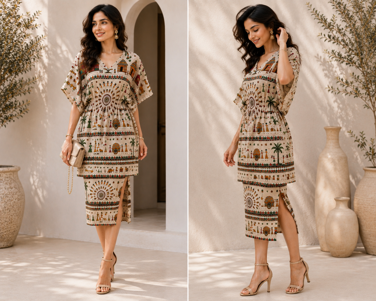 Warli Art Kaftan Dress & Pencil Skirt 2-Piece Set - Western Wear - side view | Qikink