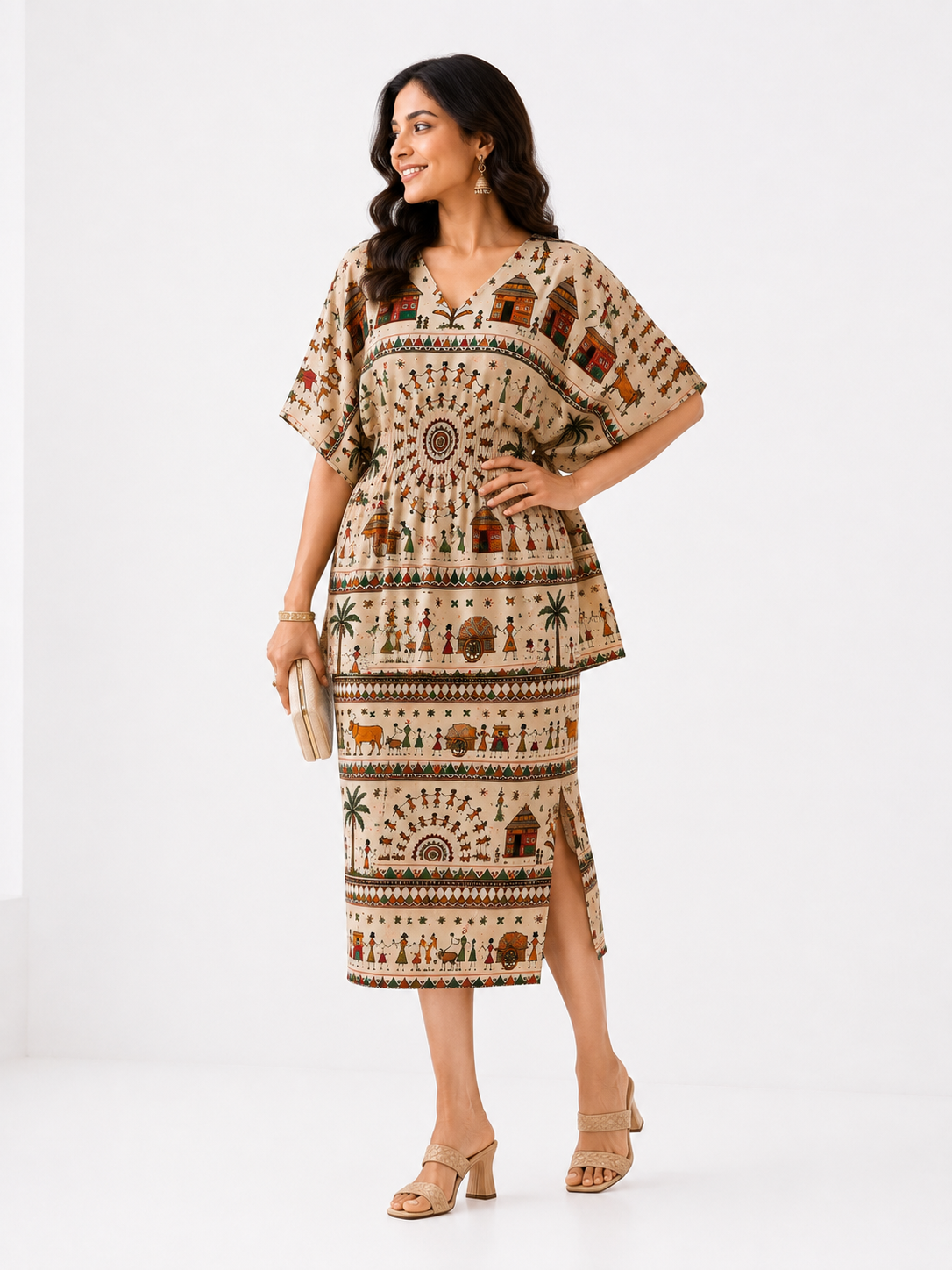 Warli Art Kaftan Dress & Pencil Skirt 2-Piece Set - Western Wear - styled full look | Qikink
