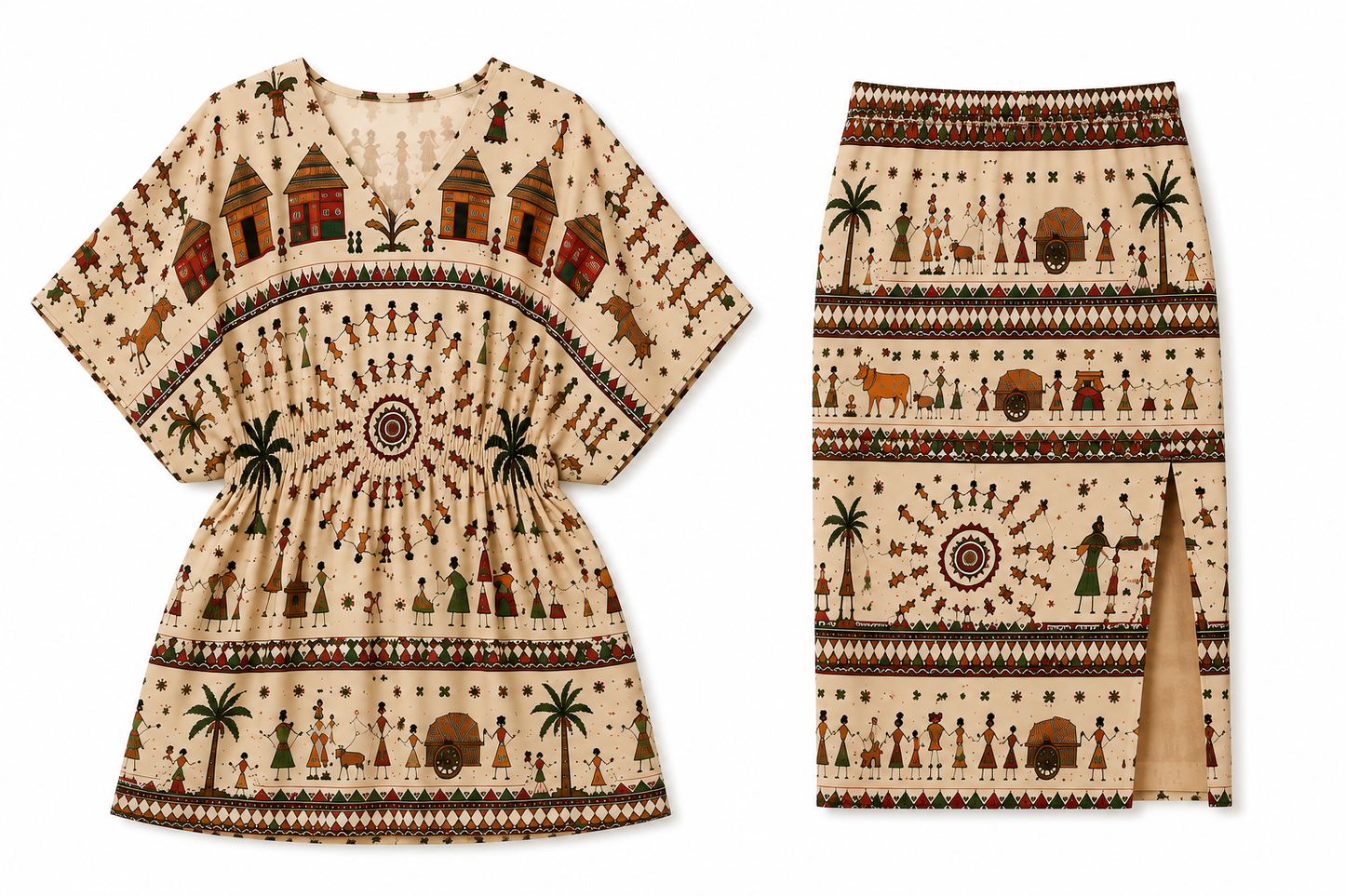 Warli Art Kaftan Dress & Pencil Skirt 2-Piece Set - Western Wear - close-up detail view | Qikink