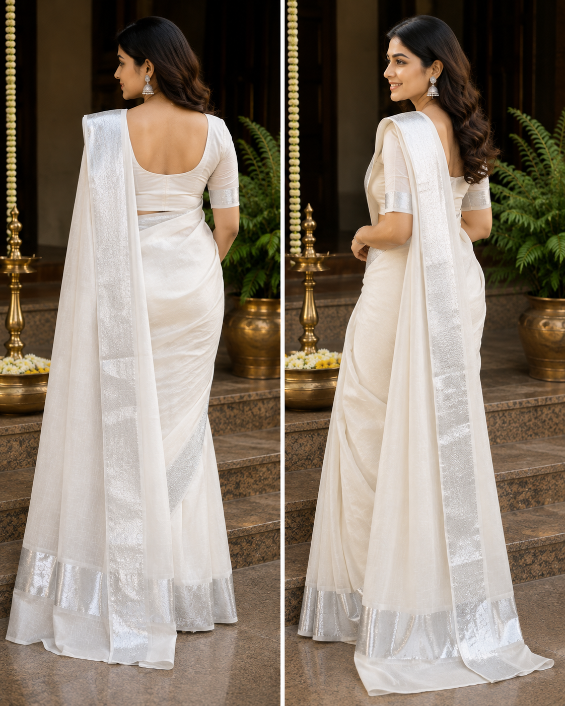 Pure Kerala Kasavu Handwoven Cotton Saree – Off-White & Silver - close-up detail view | Chindak Textiles