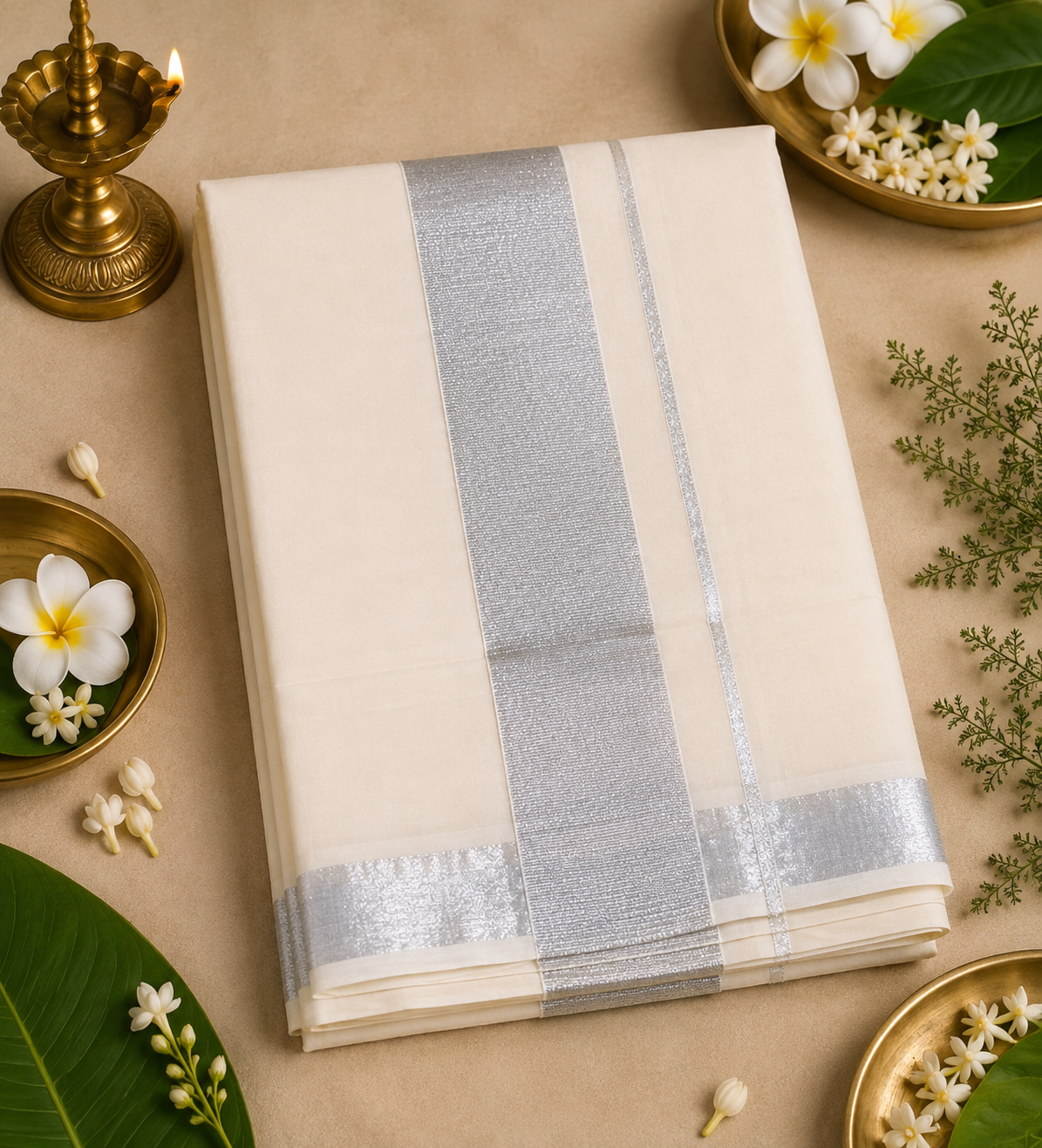 Pure Kerala Kasavu Handwoven Cotton Saree – Off-White & Silver - back view | Chindak Textiles