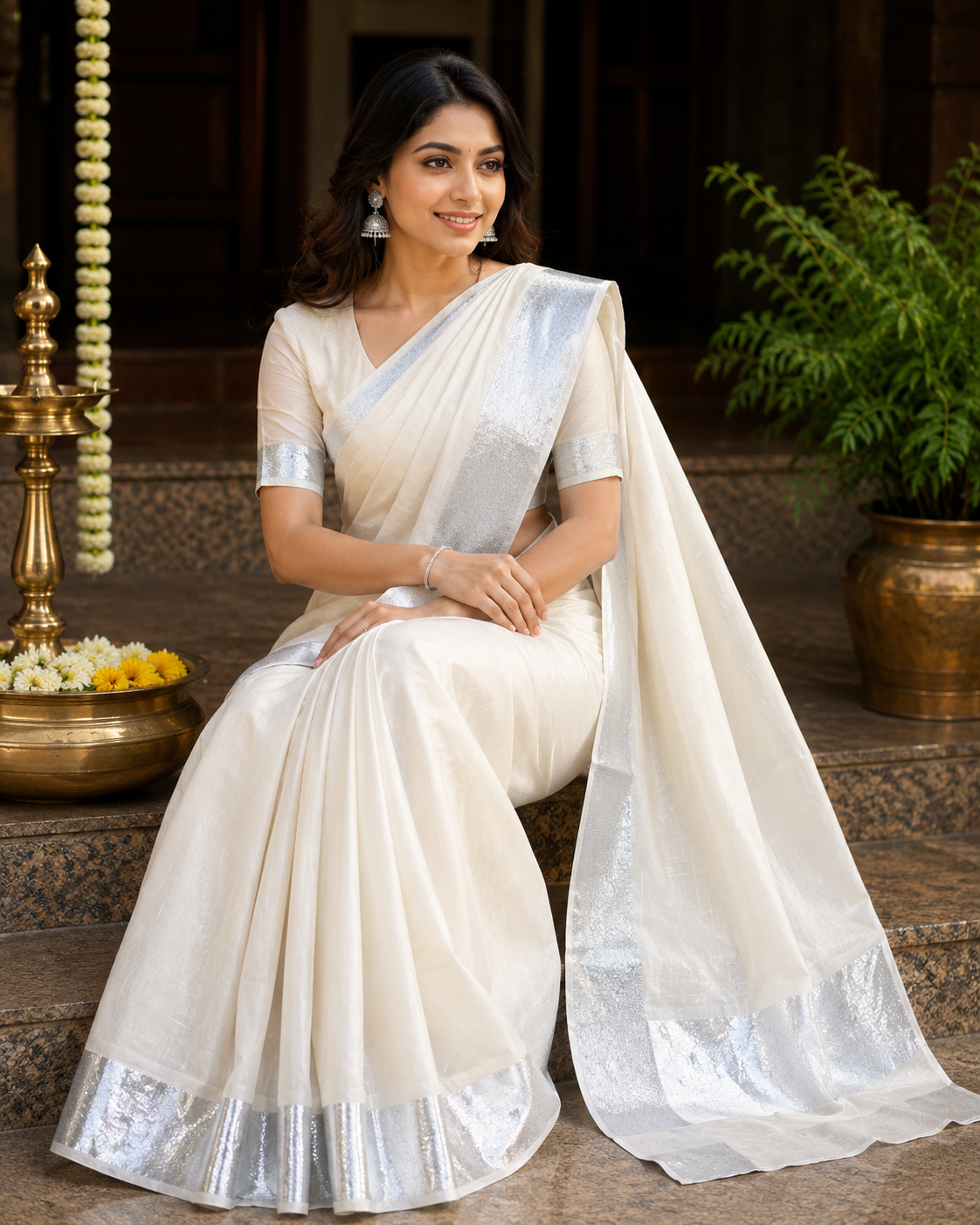 Pure Kerala Kasavu Handwoven Cotton Saree – Off-White & Silver - front view | Chindak Textiles