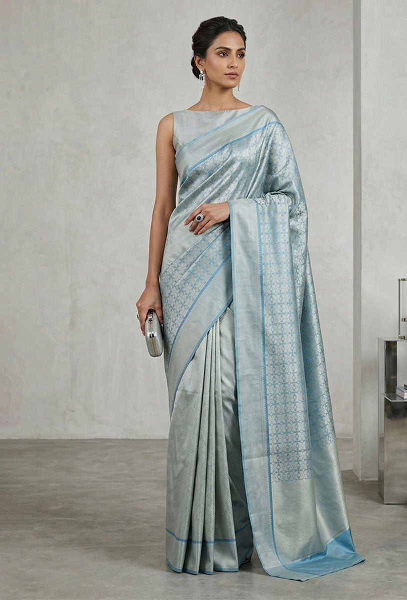 Powder Blue Art Silk Zari Jamdani Banarasi Saree - Sarees - front view | Weave365