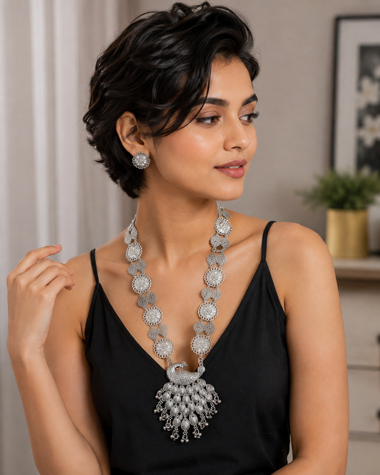 Women's Traditional Long Peacock Necklace - front view | D9 Creations