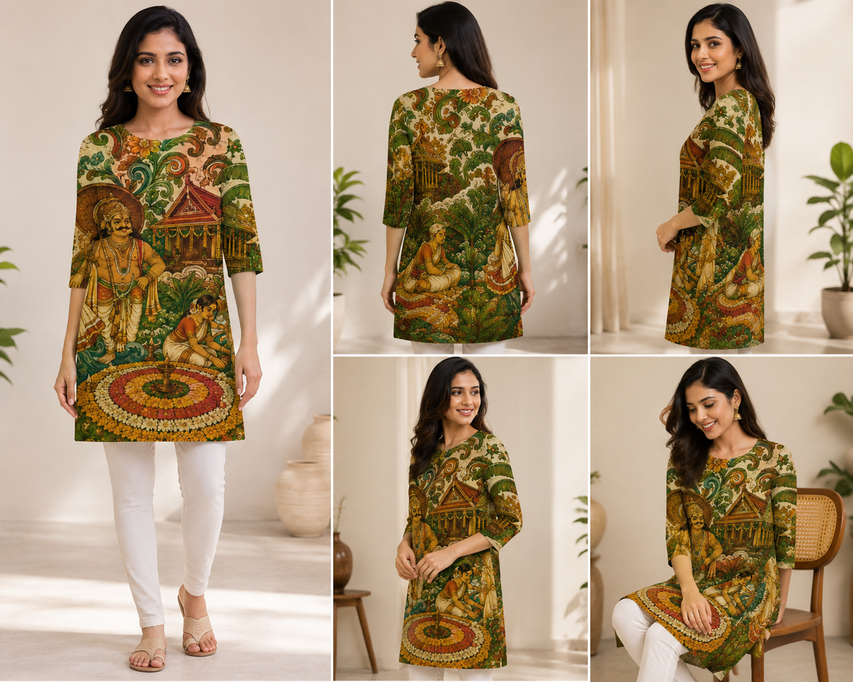 Kerala Onam Mural Print Long Tunic Top for Women - Western Wear - back view | Ajaini