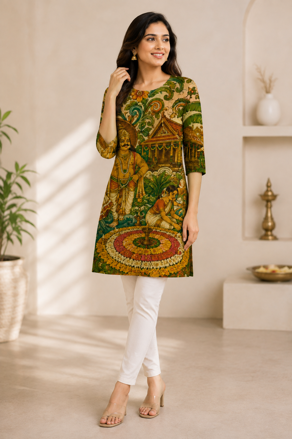 Kerala Onam Mural Print Long Tunic Top for Women - Western Wear - close-up detail view | Ajaini