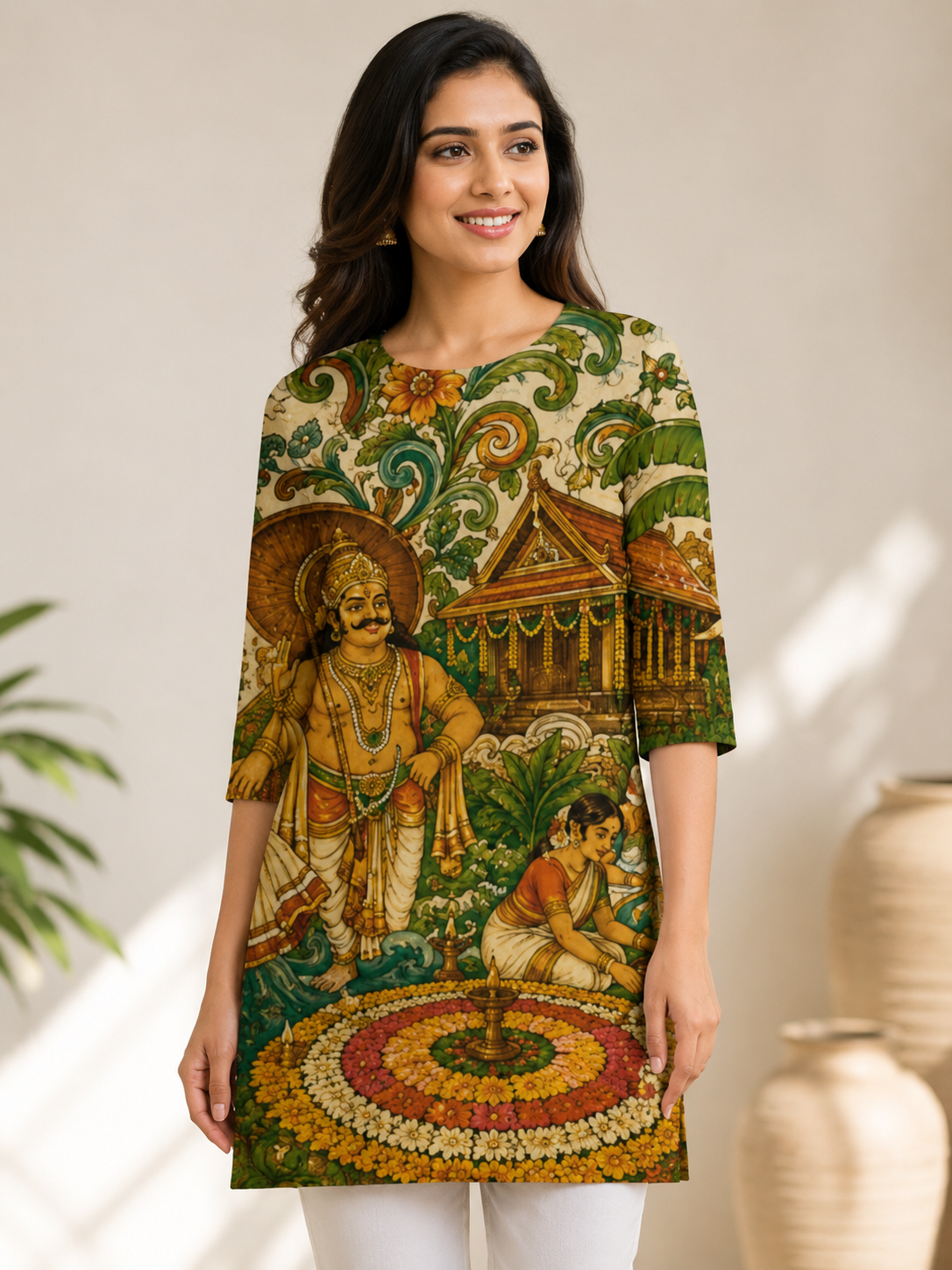 Kerala Onam Mural Print Long Tunic Top for Women - Western Wear - front view | Ajaini