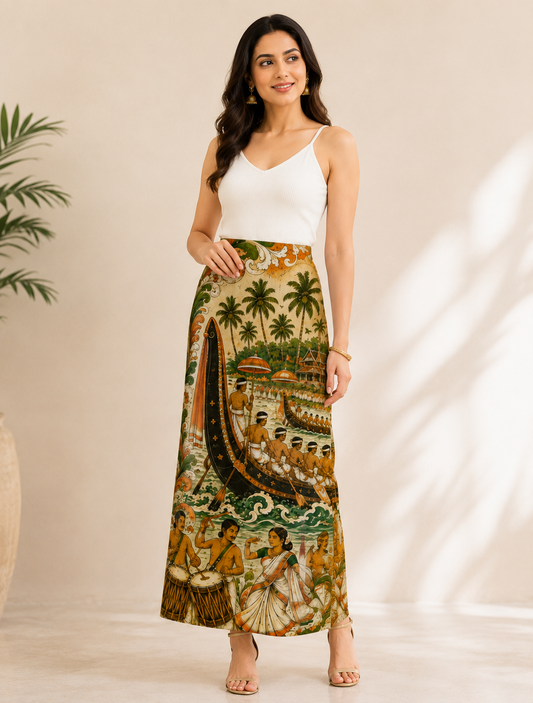 Kerala Onam Heritage Print Long Skirt for Women - Western Wear - front view | Qikink