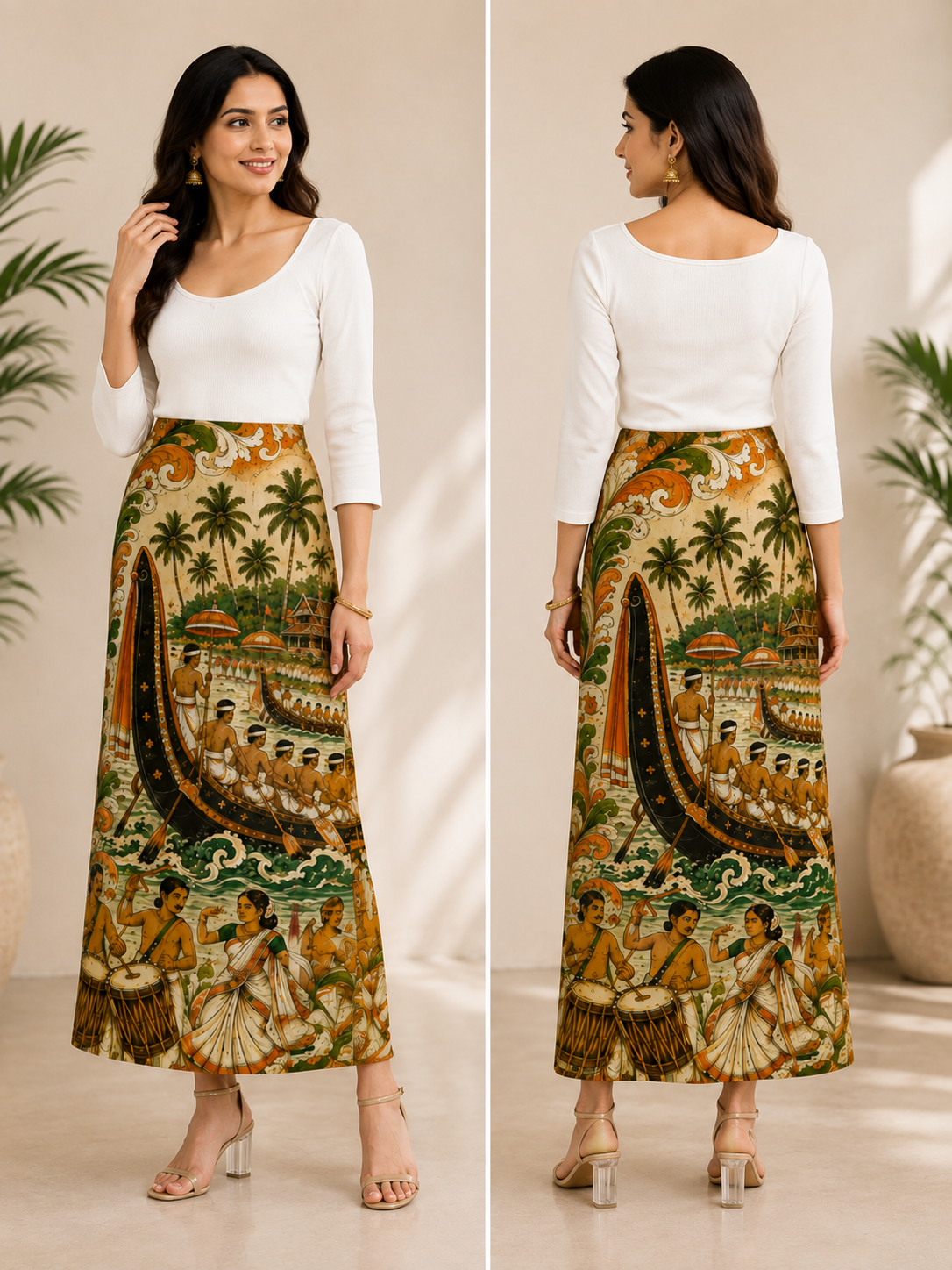Kerala Onam Heritage Print Long Skirt for Women - Western Wear - back view | Qikink