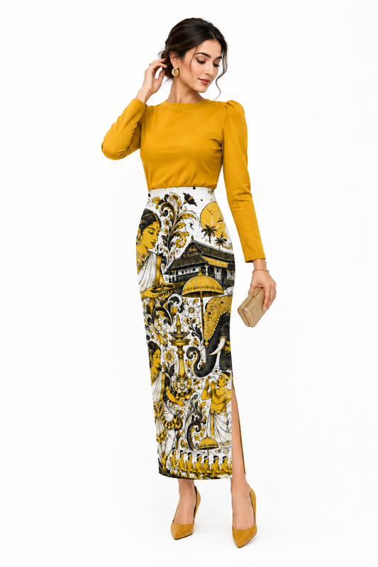 Onam Kerala Mural Art Pencil Skirt for Women - Western Wear - front view | Qikink