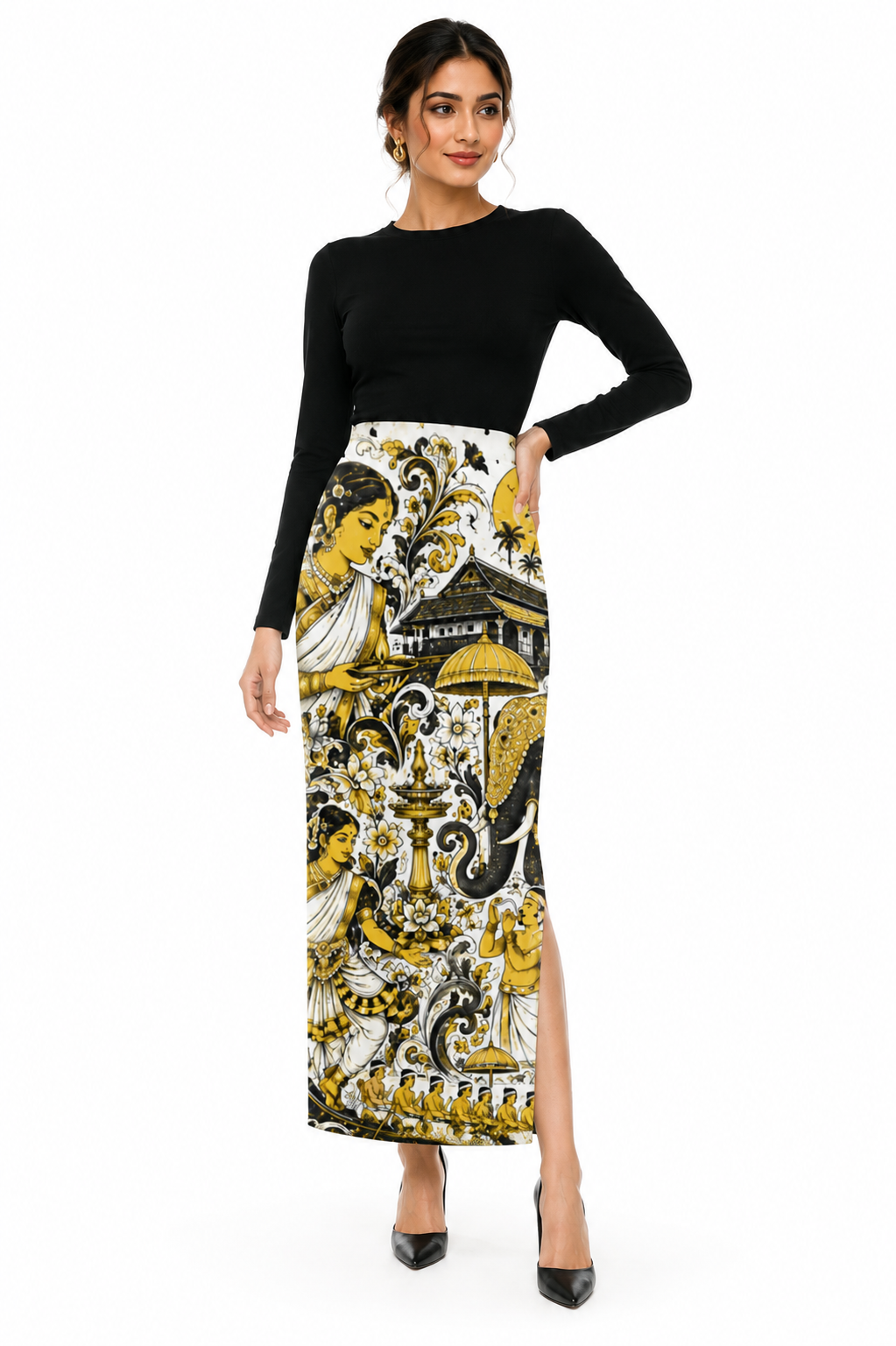Onam Kerala Mural Art Pencil Skirt for Women - Western Wear - close-up detail view | Qikink