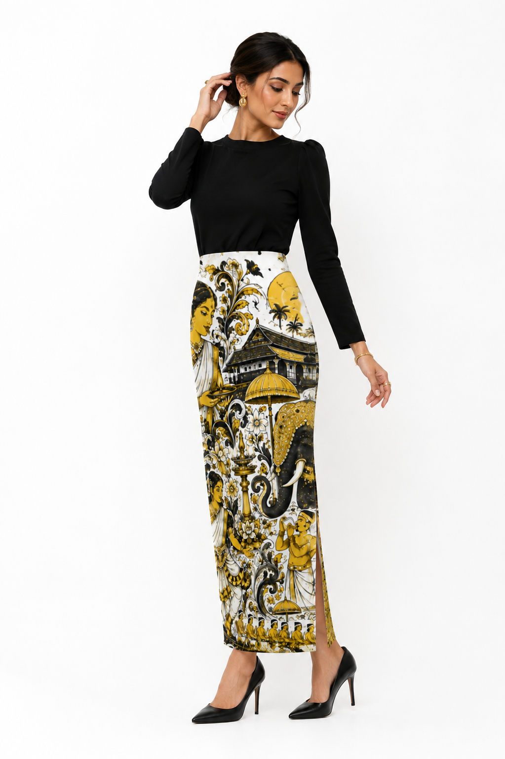 Onam Kerala Mural Art Pencil Skirt for Women - Western Wear - styled full look | Qikink