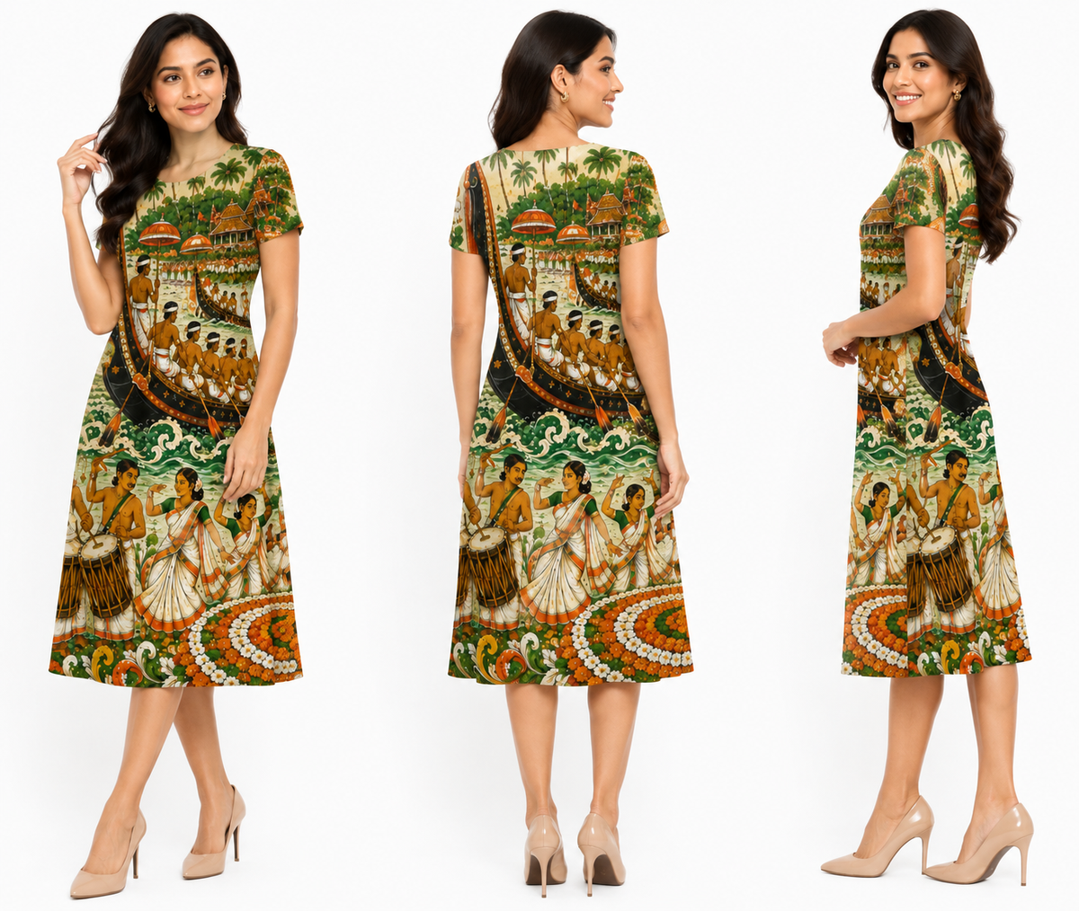 Onam Kerala Mural Art A-Line Dress & Kurti for Women - Western Wear - close-up detail view | Qikink