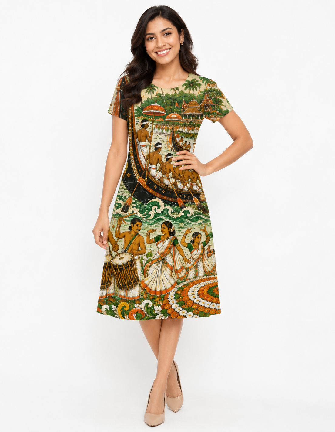 Onam Kerala Mural Art A-Line Dress & Kurti for Women - Western Wear - front view | Qikink