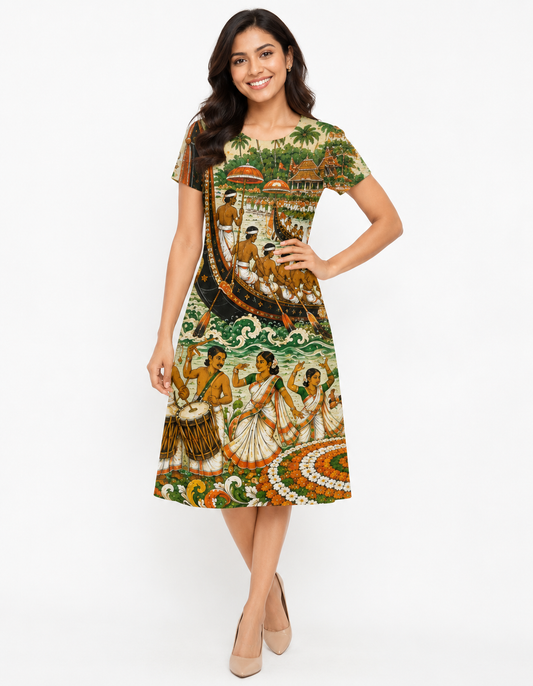 Onam Kerala Mural Art A-Line Dress & Kurti for Women - Western Wear - front view | Qikink