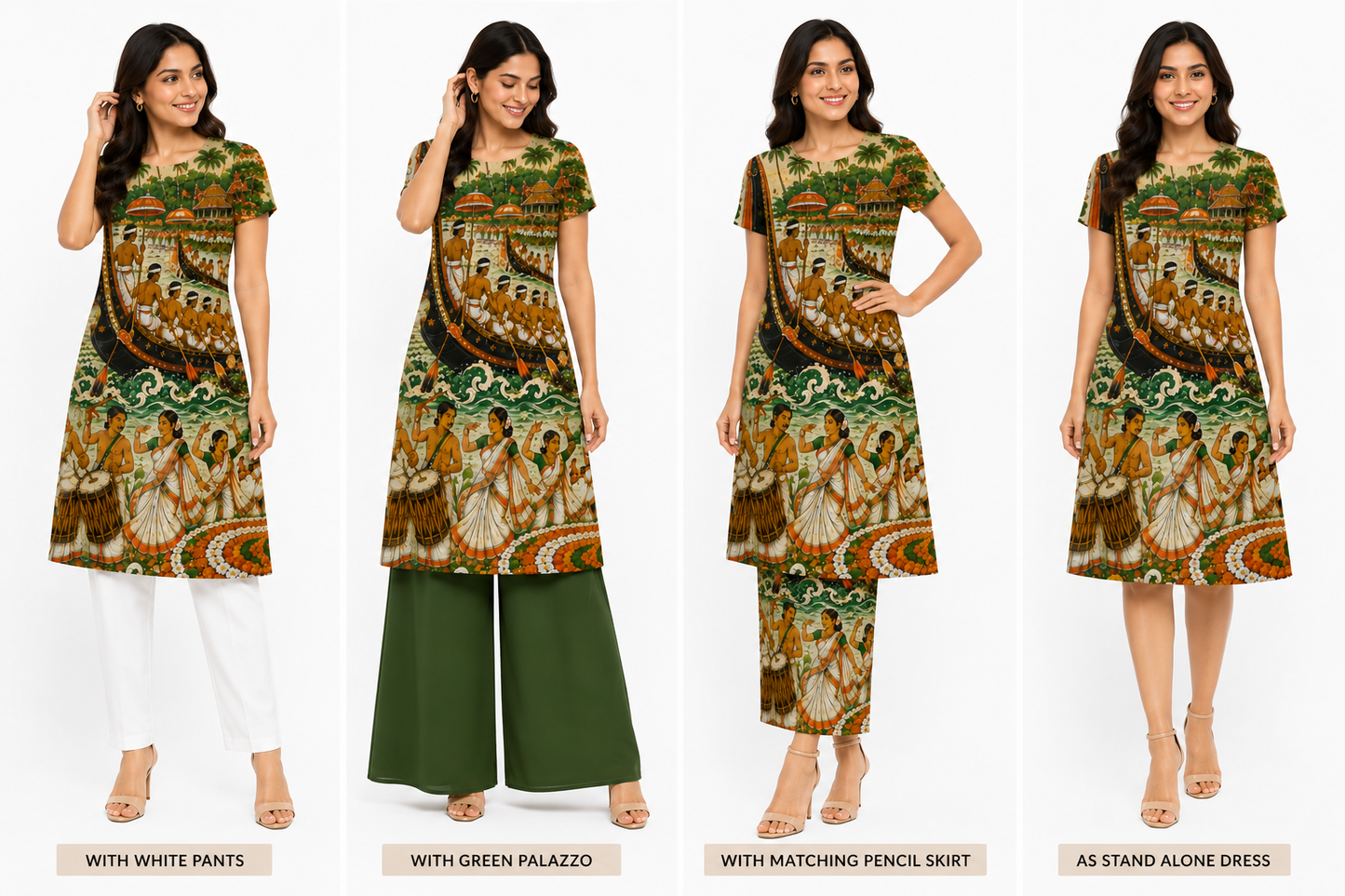 Onam Kerala Mural Art A-Line Dress & Kurti for Women - Western Wear - back view | Qikink