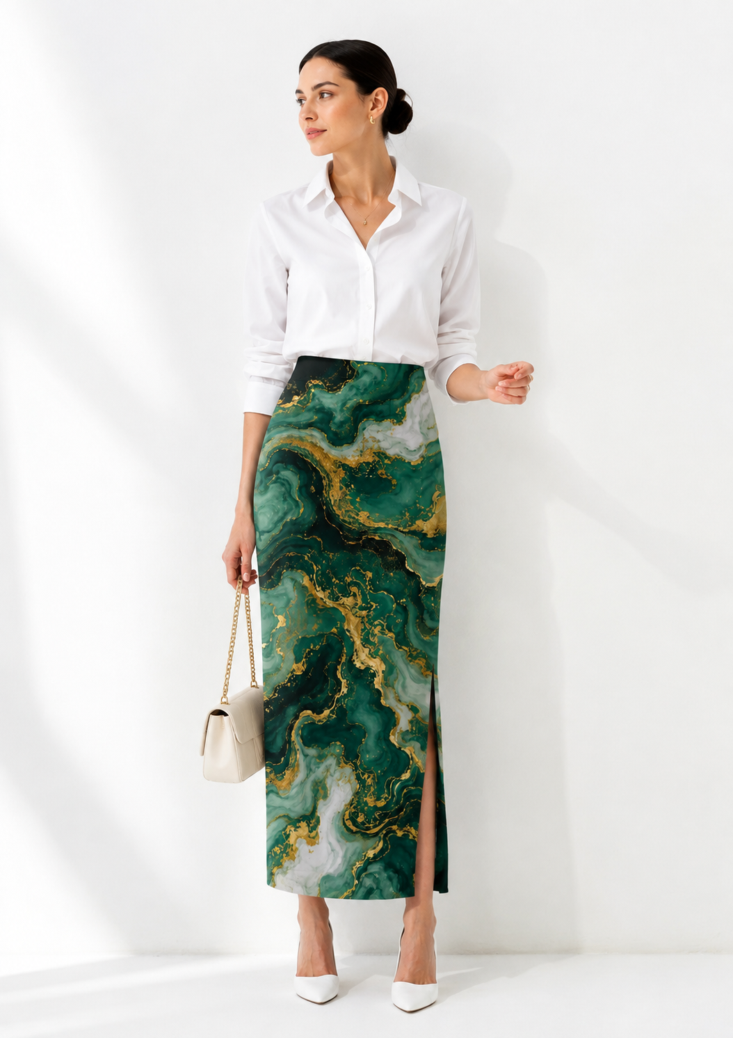 Women’s Green Marble Print Stretchable Pencil Skirt - Western Wear - front view | Qikink