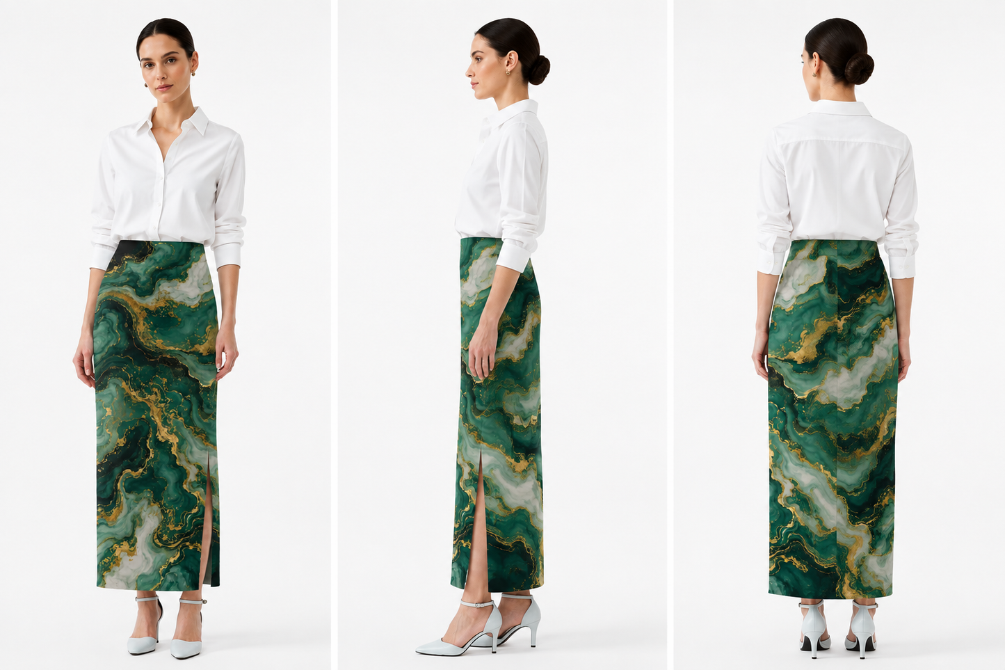 Women’s Green Marble Print Stretchable Pencil Skirt - Western Wear - close-up detail view | Qikink