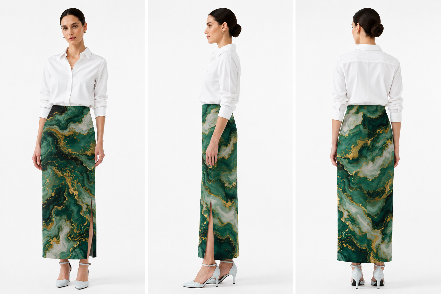 Women’s Green Marble Print Stretchable Pencil Skirt - Western Wear - close-up detail view | Qikink