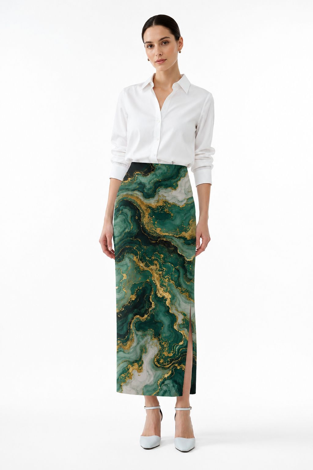 Women’s Green Marble Print Stretchable Pencil Skirt - Western Wear - back view | Qikink