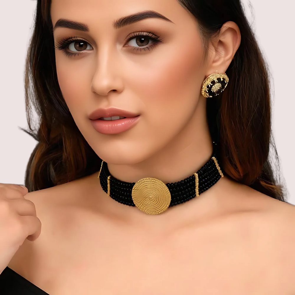 Women's Black Beaded Necklace, Stylish Black Necklace Set - Apparel - front view | Snazzyway